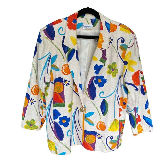 Vintage Stephanie Thomas Rainbow Floral Blazer Cotton Flax Maximalist Resort-22 - Picture 7 of 15